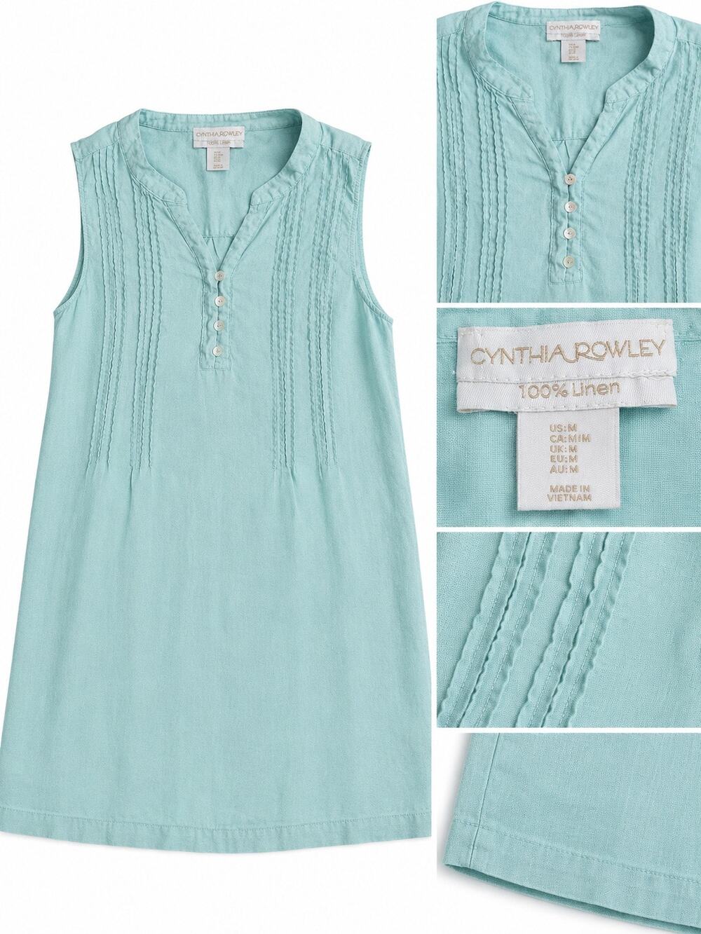 Cynthia Rowley 100% Linen Sleeveless Shift Dress Seafoam Blue Pintuck Size M